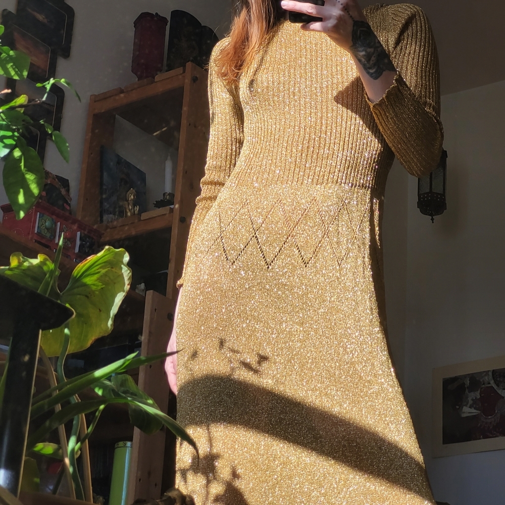 Vintage Maglia Di Lusso Gold Maxi Long Sleeve Dress British Crown Colony 60s - M